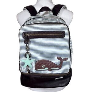 Chala Pal Whale Blue White Stripe Convertible Back Pack Vegan Leather Beachy
